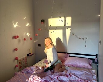 Pink Cage Ruffle Bedding Set Full, Cotton Duvet Cover, 2 Pillowcase