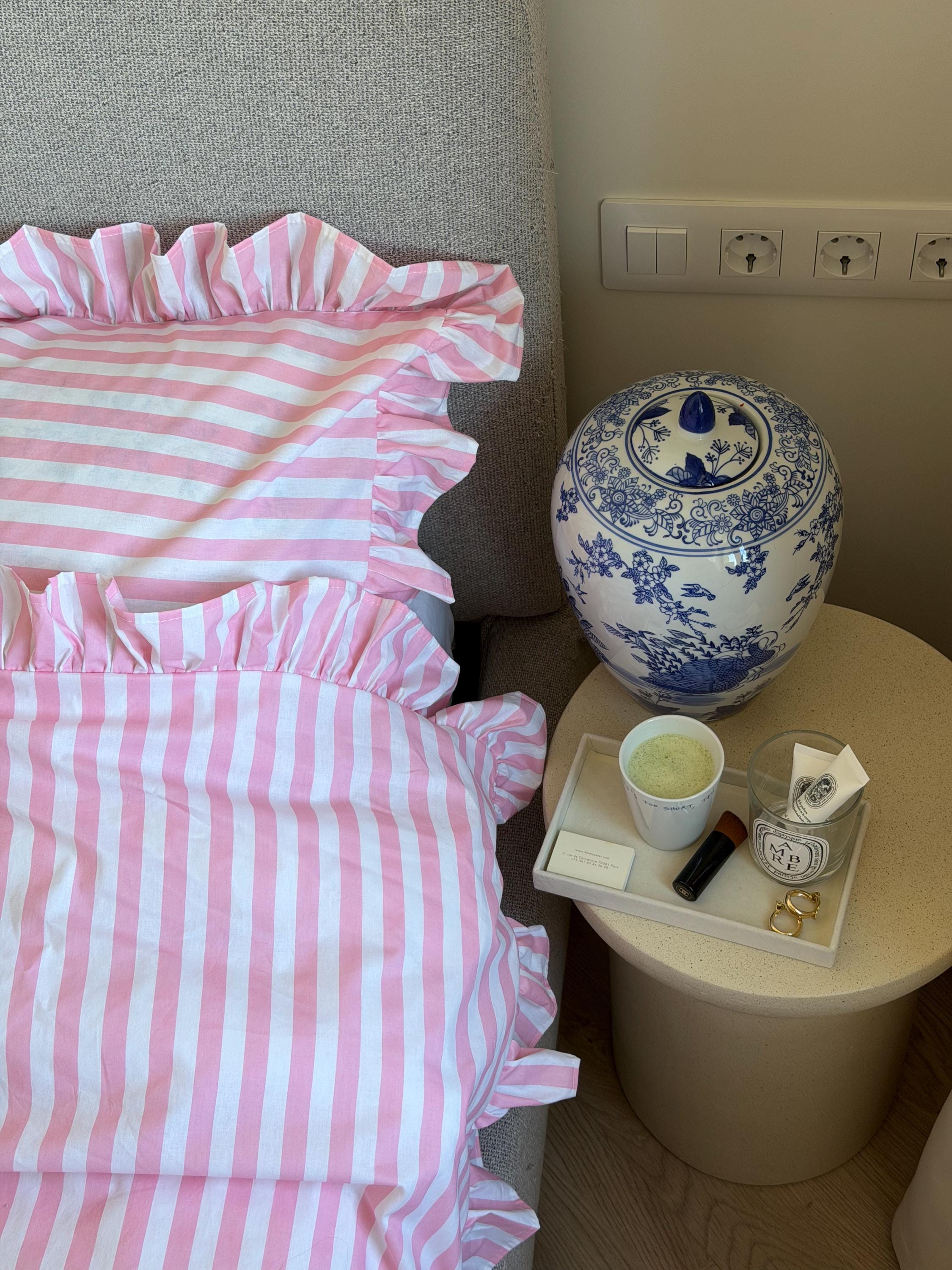 Striped Ruffle Sheets Pink Striped Ruffle Bedding Set Full, Cotton Duvet Cover, Ivory ...