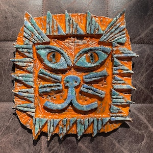 Orange original brutalist Cat Sculpture by Peter Stemmler