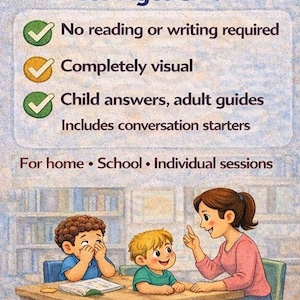 May include: An illustrated educational card for ages 3-7, with text stating "Specifically Designed for Ages 3-7". The card highlights features like no reading or writing required and completely visual. The image shows a teacher and two children at a table.