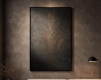 Dark Concrete Botanical Wall Art, Copper Dust Wild Grass Print, Minimalist Modern Organic Japandi Decor, Printable Art