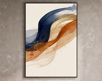 Freedom Flow Abstract Print, Navy Terracotta Japandi Wall Art, Minimalist Neutral Printable (Digital Download)