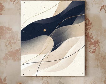 Freedom Flow Abstract Print, Navy Beige Wall Art, Minimalist Japandi Poster, Neutral Gold Printable Decor, Living Room Digital Download