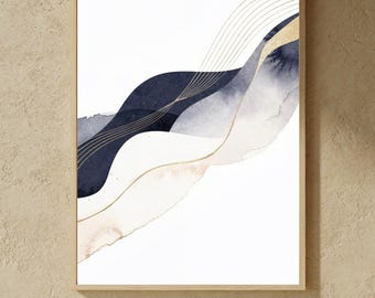 Navy Gold Abstract Wall Art, Japandi Neutral Beige Poster (Digital Download)