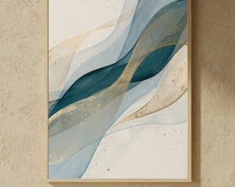 Abstract Wall Art, Blue Beige Japandi Print, Minimalist Neutral Poster, Freedom Flow Digital Download
