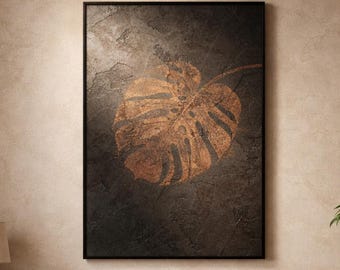Dark Concrete Botanical Wall Art, Copper Dust Monstera Leaf Print, Minimalist Modern Organic Japandi Decor, Printable Art