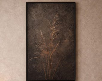 Dark Concrete Botanical Wall Art, Copper Dust Wild Grass Print, Minimalist Modern Organic Japandi Decor, Printable Art