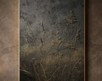 Gold Meadow Grass Wall Art – Dark Concrete Botanical Print with Subtle Depth