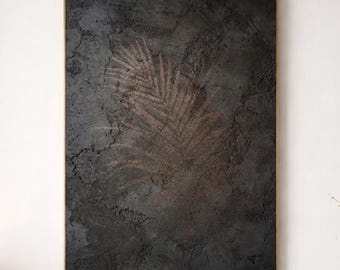 Dark Concrete Botanical Wall Art, Copper Dust Palm Leaf Print – Soft Organic Composition, Minimalist Japandi Decor