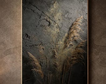 Minimalist Abstract Wall Decor – Dark Concrete with Gold Pampas Botanical | Quiet Luxury Art