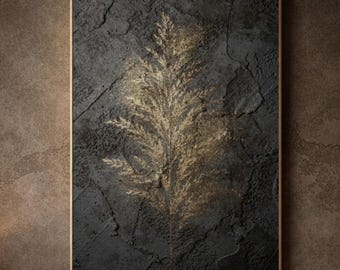 Minimalist Abstract Wall Art – Dark Concrete with Gold Pampas Grass