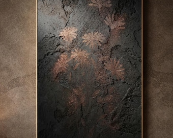Minimalist Abstract Wall Art – Dark Concrete with Copper Daisy Botanical | Quiet Luxury Decor