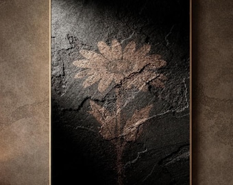 Minimalist Abstract Wall Art – Dark Concrete with Copper Daisy Silhouette