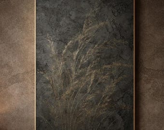 Minimalist Abstract Wall Art – Dark Concrete with Gold Wild Meadow Grass
