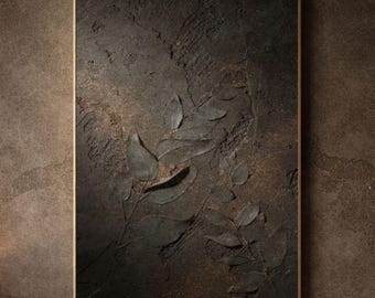 Minimalist Abstract Wall Art – Dark Concrete with Copper Eucalyptus Arrangement | Printable Modern Organic Decor