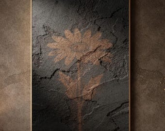 Copper Daisy Flower Wall Art on Dark Concrete – Minimalist Botanical Printable, Quiet Luxury Decor