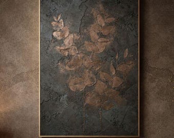 Minimalist Abstract Wall Art – Dark Concrete with Copper Eucalyptus – Botanical Statement | Printable Modern Organic Decor