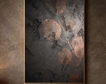 Minimalist Abstract Wall Art – Dark Concrete with Copper Eucalyptus Leaves | Printable Modern Organic Decor