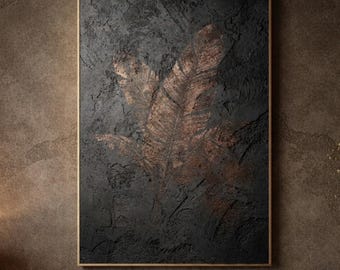 Copper Banana Leaf Wall Art on Dark Concrete – Minimalist Botanical Printable, Modern Organic Interior