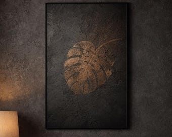 Dark Concrete Botanical Wall Art, Copper Dust Monstera Leaf Print, Minimalist Modern Organic Japandi Decor, Printable Art
