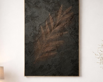 Dark Concrete Botanical Wall Art, Copper Dust Olive Branch Print, Minimalist Modern Organic Japandi Decor, Printable Art