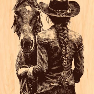May include: Sepia-toned illustration of a horse and a person in a cowboy hat and denim jacket. The person has a long braid and is holding the horse's reins. The image has a rustic, vintage feel.