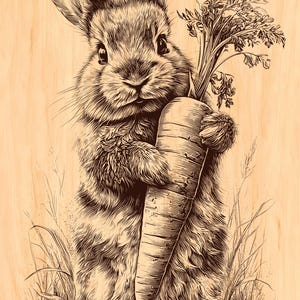 May include: A detailed illustration of a rabbit holding a large carrot. The rabbit is brown and fluffy, with long ears and a sweet expression. The carrot is orange with green leaves. The background is a light wood grain.