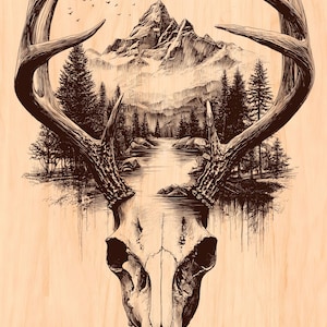 May include: A detailed illustration of a deer skull with large antlers, overlaid with a mountain landscape, river, and trees. The artwork is in shades of brown and black, set against a light brown wooden background.
