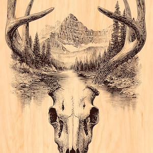 May include: A detailed illustration of a deer skull with large antlers, set against a backdrop of a mountain range, river, and forest. The artwork is in shades of brown and black, creating a rustic, nature-inspired design.