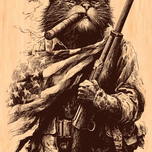 May include: A sepia-toned illustration of a cat smoking a cigar and holding a rifle, draped in an American flag. The cat has a stern expression, and the image has a vintage, patriotic feel. The artwork is detailed and appears to be a print.