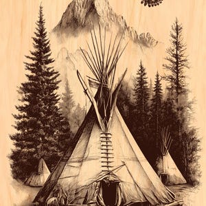 May include: An illustration of a Native American teepee in a forest setting. A bald eagle flies overhead, with mountains and trees in the background. The artwork is in shades of brown and black, with a wood grain background.