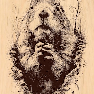 Peut inclure: Illustration détaillée d'une marmotte sortant de son terrier. L'œuvre présente une marmotte brune avec une fourrure détaillée, agrippant ses pattes, sur un fond clair en grain de bois. Le style rappelle une gravure sur bois.