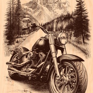 May include: Detailed illustration of a motorcycle on a dirt road with a mountain backdrop. The motorcycle is black and chrome, with large tires and a classic design. The background features pine trees and a mountain range.