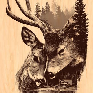 Grabado de pareja de ciervos PNG, diseño de bosque de vida silvestre, arte rústico en madera CNC Glowforge Xtool archivo