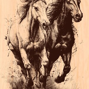 May include: A sepia illustration of two horses galloping. One is light brown, the other dark brown. The horses are shown in full stride, manes flowing, with dust around their hooves. The background is a light wood grain, giving a rustic feel.