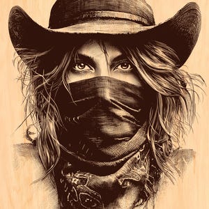 Portrait de cow-girl Western PNG, gravure de cow-boy rustique, fichier en bois CNC découpé au Laser téléchargement Xtool