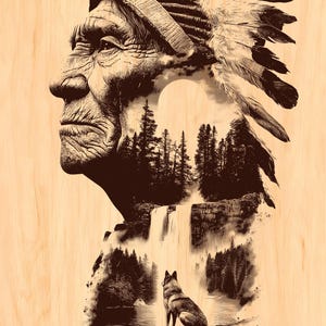 Double exposition PNG amérindien, gravure de forêt de loups, fichier bois CNC découpé au laser