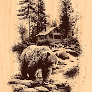 以下が含まれることがあります： セピア色のイラストで、森の中にいるクマが描かれています。クマは小川の岩の上に立っており、背景には小屋と高い木々があります。このアートワークは詳細で、クマの毛皮と環境の質感が強調されています。