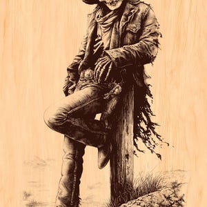 May include: A dark brown wood-burned illustration on a light wood surface depicting a skeleton cowboy wearing a tattered jacket, a wide-brimmed hat, and jeans, leaning against a wooden post in a desert landscape with sparse vegetation.