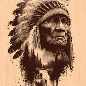 May include: Sepia-toned illustration of a Native American chief wearing a feathered headdress, with a forest and waterfall scene, and a wolf. A full moon is in the background. The artwork is on a light wood grain background.