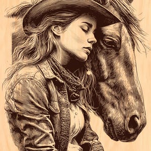 Ritratto di cowgirl e cavallo PNG, incisione western, taglio laser CNC su legno, download digitale