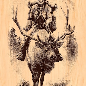 May include: A dark brown ink illustration on a light wood grain background depicting a skeleton wearing a wide-brimmed hat and a backpack, riding a large elk with prominent antlers. The scene includes a mountainous landscape and pine trees.