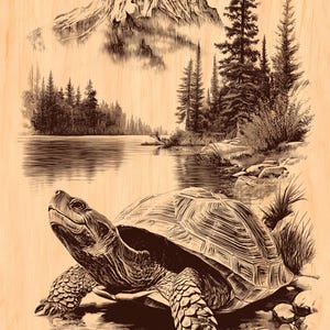 May include: A detailed illustration of a turtle in a serene lakeside setting. The artwork features a mountain range, trees, and a calm lake, all rendered in shades of brown and black on a light wood grain background.