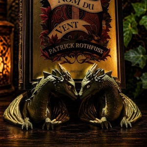 Peut inclure: Un livre intitulé "LE NOM DU VENT" de Patrick Rothfuss, soutenu par deux serre-livres en forme de dragon vert. La couverture du livre présente un fond doré avec un motif d'instrument de musique et des accents de feuilles rouges. Les serre-livres ont des ailes dorées.