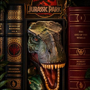 Puede incluir: Una escultura detallada de una cabeza de Tyrannosaurus Rex con la boca abierta, enmarcada dentro de una caja negra, flanqueada por libros antiguos. El logotipo de Jurassic Park es visible arriba. Los libros tienen letras y diseños dorados, con títulos como "Words of Radiance".