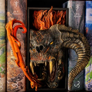 Balrog Book Nook – Hand Painted Fantasy Bookshelf Insert | Inspired by Lord of the Rings | Fire Demon Shelf Decor | Book Lover Gift