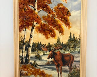 Vintage baltische Bernsteinelche Wandkunst, gerahmte Naturszene