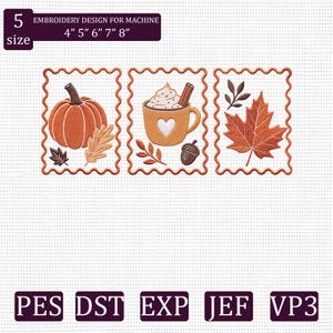 May include: Three rectangular embroidery designs with scalloped borders featuring autumn themes: an orange pumpkin with leaves, a yellow mug with whipped cream and a cinnamon stick, and a large maple leaf with small sprigs and an acorn.