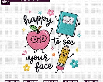 Stickmuster „Freue mich, dein Gesicht zu sehen“, Stickdatei für Lehrer, Stickdatei für Apple Book Pencil, Stickdatei für die Schulmaschine, PES DST EXP jef vp3