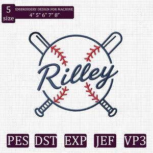 Pode incluir: Um design de bordado para máquina com uma bola de beisebol com costuras vermelhas, tacos cruzados e o nome Rilley em letra cursiva azul escura. O design inclui 5 tamanhos de 10,16 a 20,32 cm e formatos PES, DST, EXP, JEF e VP3.